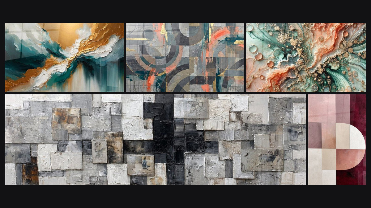 Mosaic of five paintings, including Abyss Light Abstract, Grey and Coral Circles Intertwined and Coral Dream