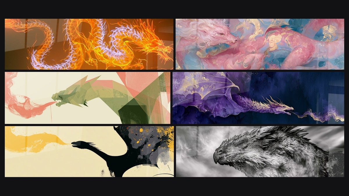Mosaïque de six tableaux, dont Dragon rose et bleu à crinière soyeuse et Dragon vert crachant un souffle corail