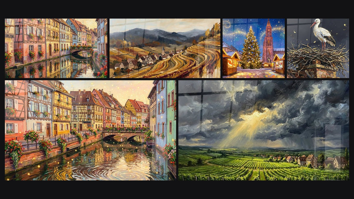 Mosaik aus sechs Gemälden, darunter Colmar Kleine Venedig, Kanal von Colmar und Elsässisches Dorf