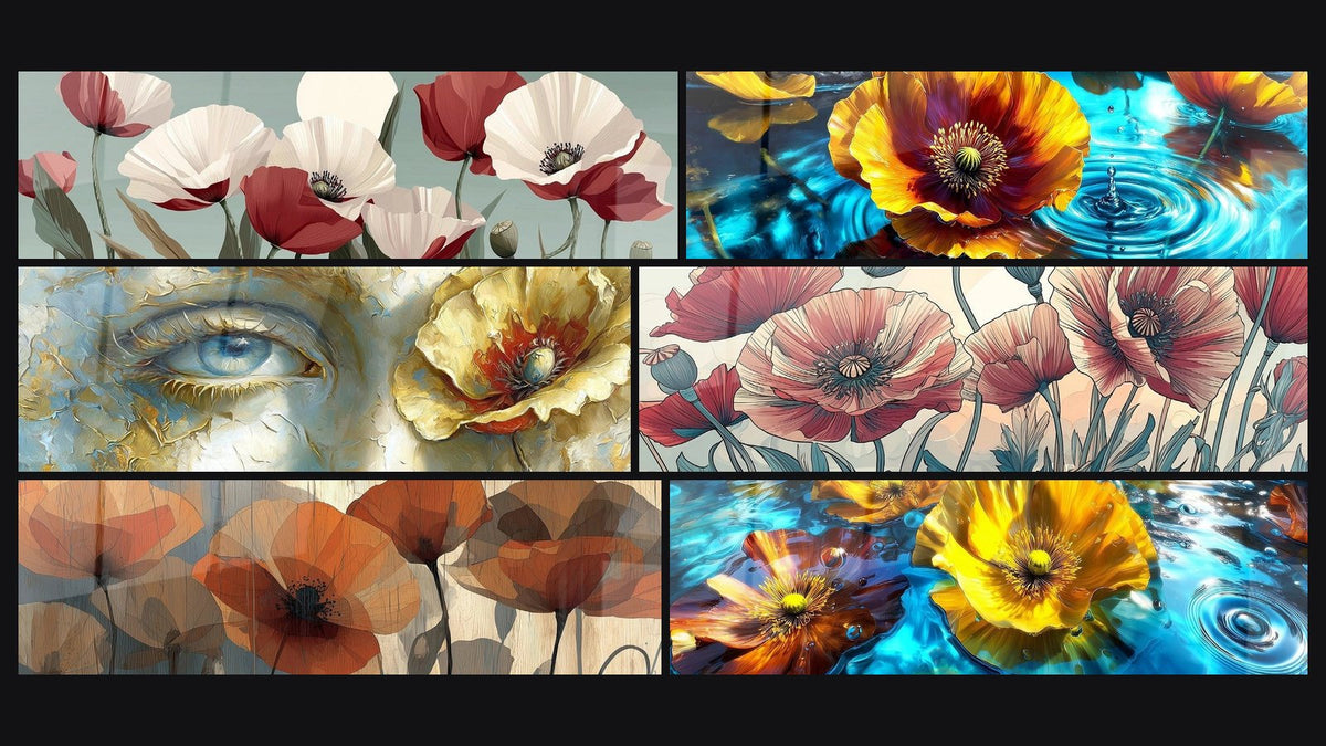 Mosaic of six paintings, including Golden Poppies on Turquoise Water