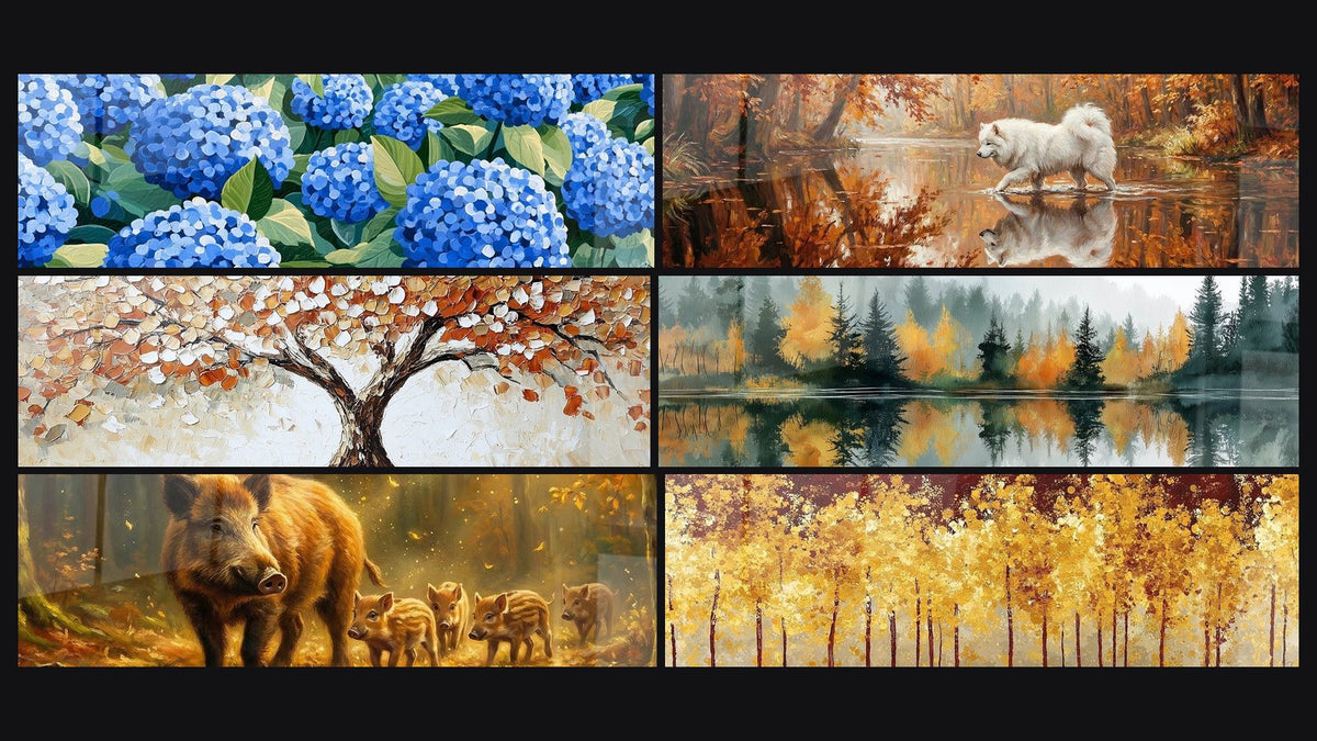 Mosaico de seis cuadros, entre ellos Bosque Otoñal Vosgos y Bosque Dorado con Troncos Esbeltos