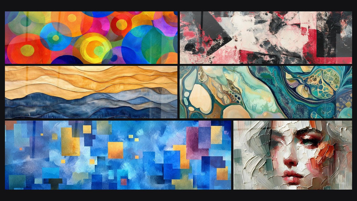 Mosaïque de six tableaux, dont Cercles colorés superposés, Composition abstraite rouge et noir et Dunes Océan Bleu