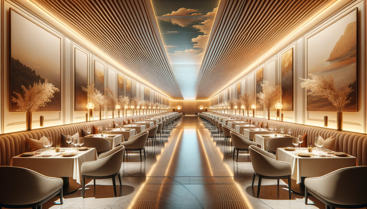 Restaurant étroit avec tableau panoramique horizontal créant une illusion d'agrandissement de l'espace