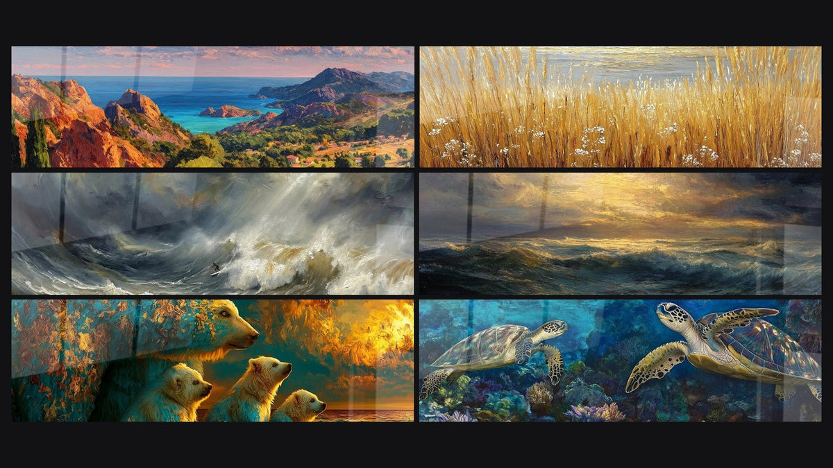 Mosaico de seis cuadros, entre ellos Costa mediterránea, Tormenta en el Mar y Tormenta oceánica
