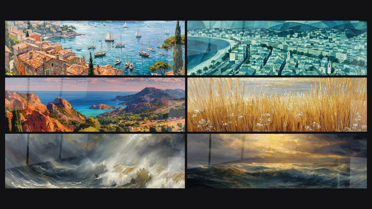 Mosaïque de six tableaux, dont Port Méditerranéen, Panorama urbain bleu turquoise et toits et Côte méditerranéenne