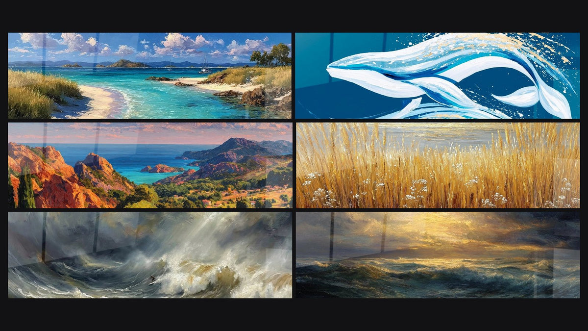 Mosaïque de six tableaux, dont Baie tropicale avec îlots, Côte méditerranéenne et Tempête en Mer