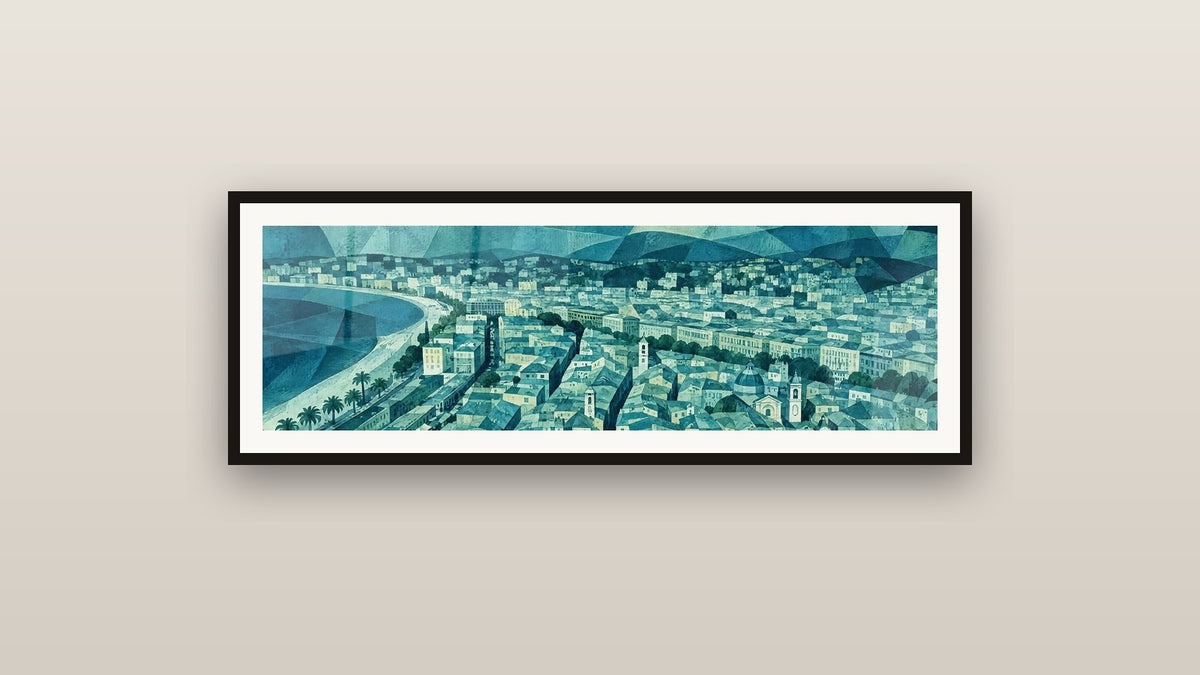 Tableau encadré sur un mur : Panorama urbain bleu turquoise et toits