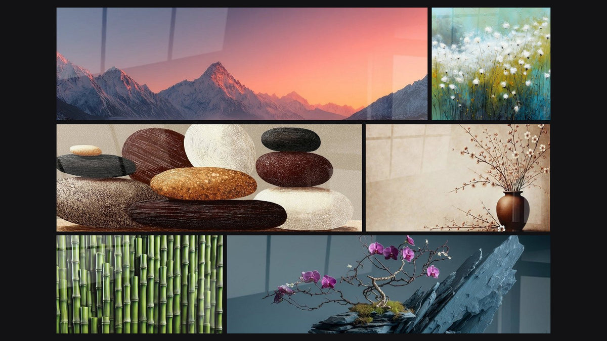 Mosaïque de six tableaux, dont Panorama montagne enneigée coucher soleil, Galets Empilés Tons Naturels et Harmonie Naturelle