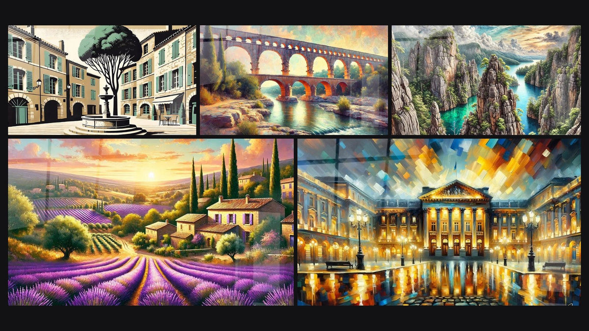 Mozaïek van vijf schilderijen, waaronder Provence nr. 3, Tafel Provence Nr. 1 en Pont du Gard nr. 1