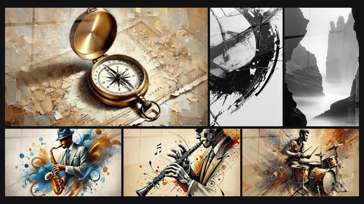 Mosaic of six paintings, including Strength and Direction, The Break in Time and Drums Wall Art No. 2