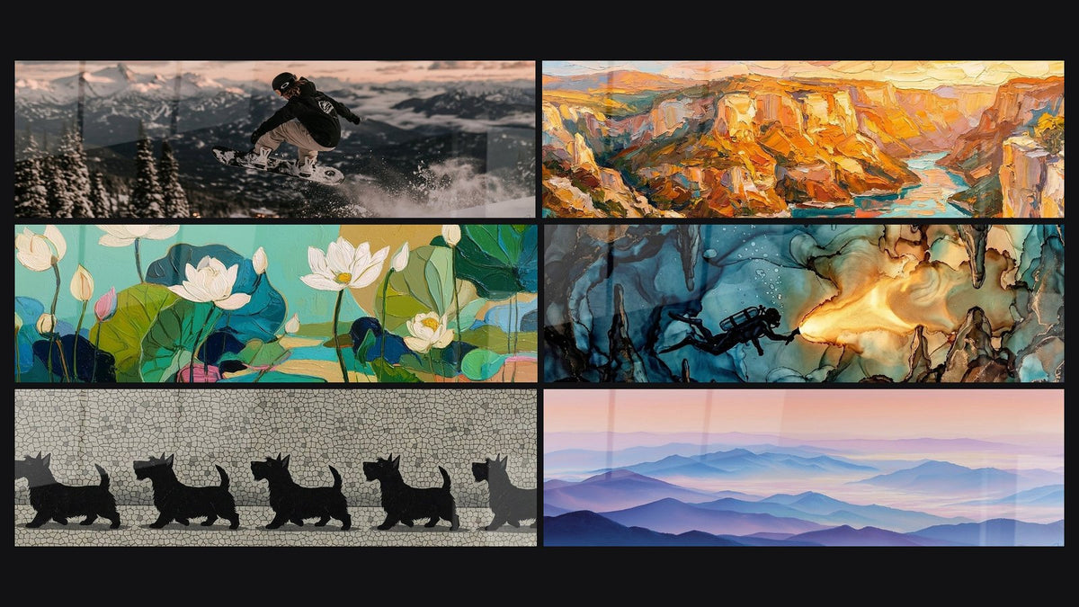 Mosaik aus sechs Gemälden, darunter Hundesilhouetten in schwarzem Mosaik und Berglandschaft Pyrenäen