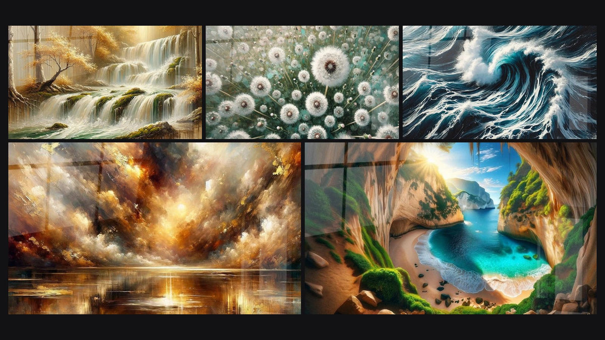 Mosaic of five paintings, including Light Cascade, Twilight of Elements and Beautiful Escape in Lost Paradise