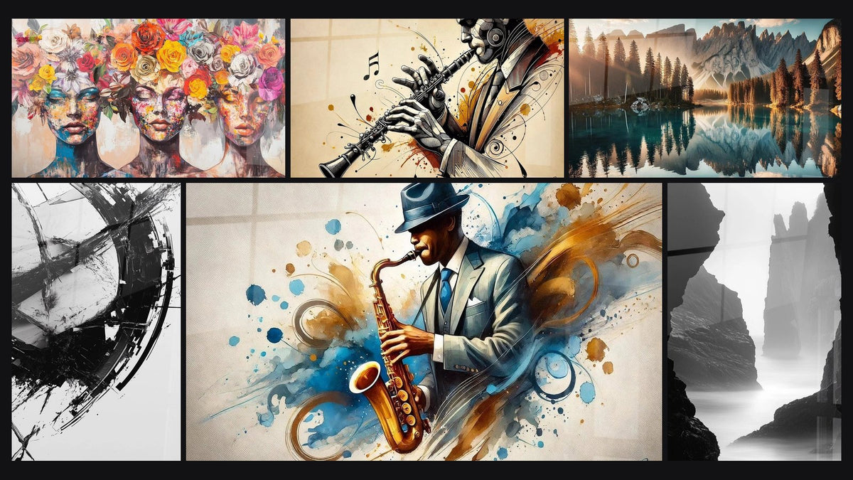 Mosaïque de six tableaux, dont Les Muses Fleuries, La Brisure du Temps et Jazz N°2