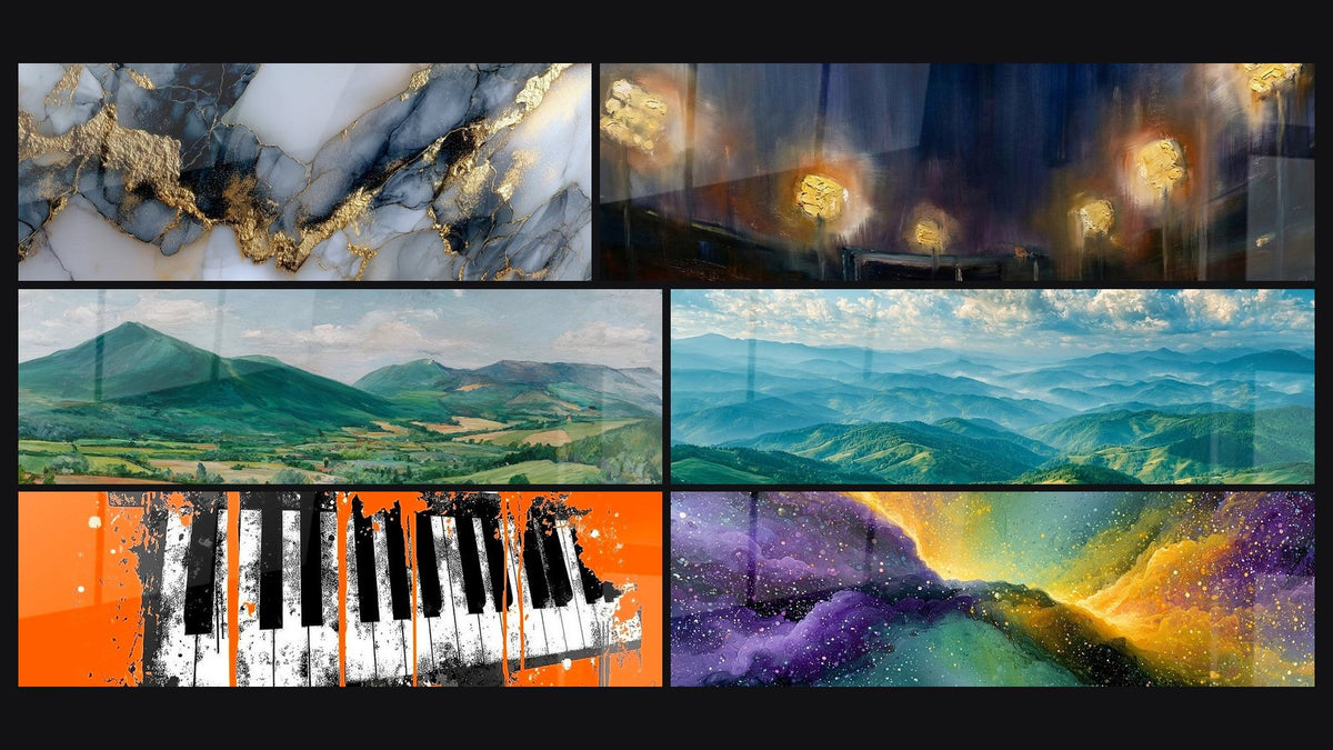 Mosaïque de six tableaux, dont Paysage montagneux et Stade de Nuit