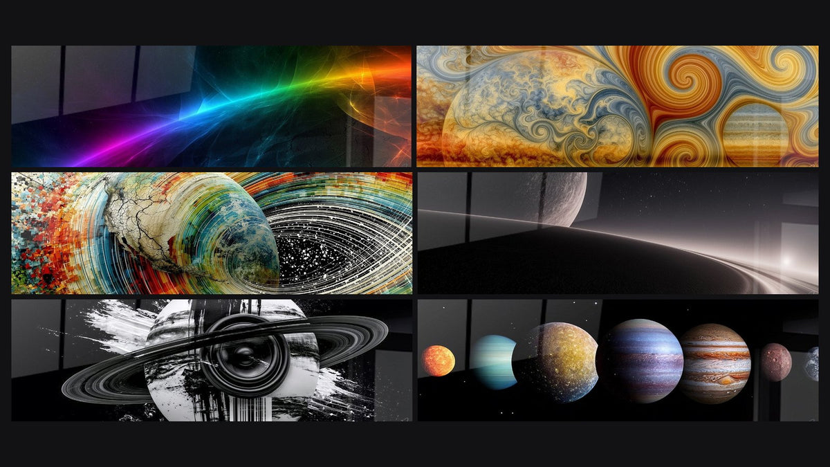 Mosaic of six paintings, including Planet Rings Black and White and Solar System