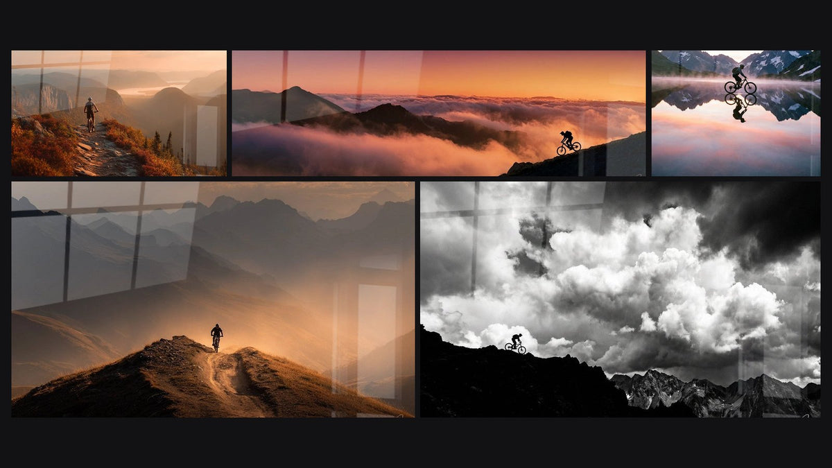 Mosaik aus fünf Gemälden, darunter MTB Sonnenuntergang Berg, MTB Bergbild Wolken und MTB-Gebirge