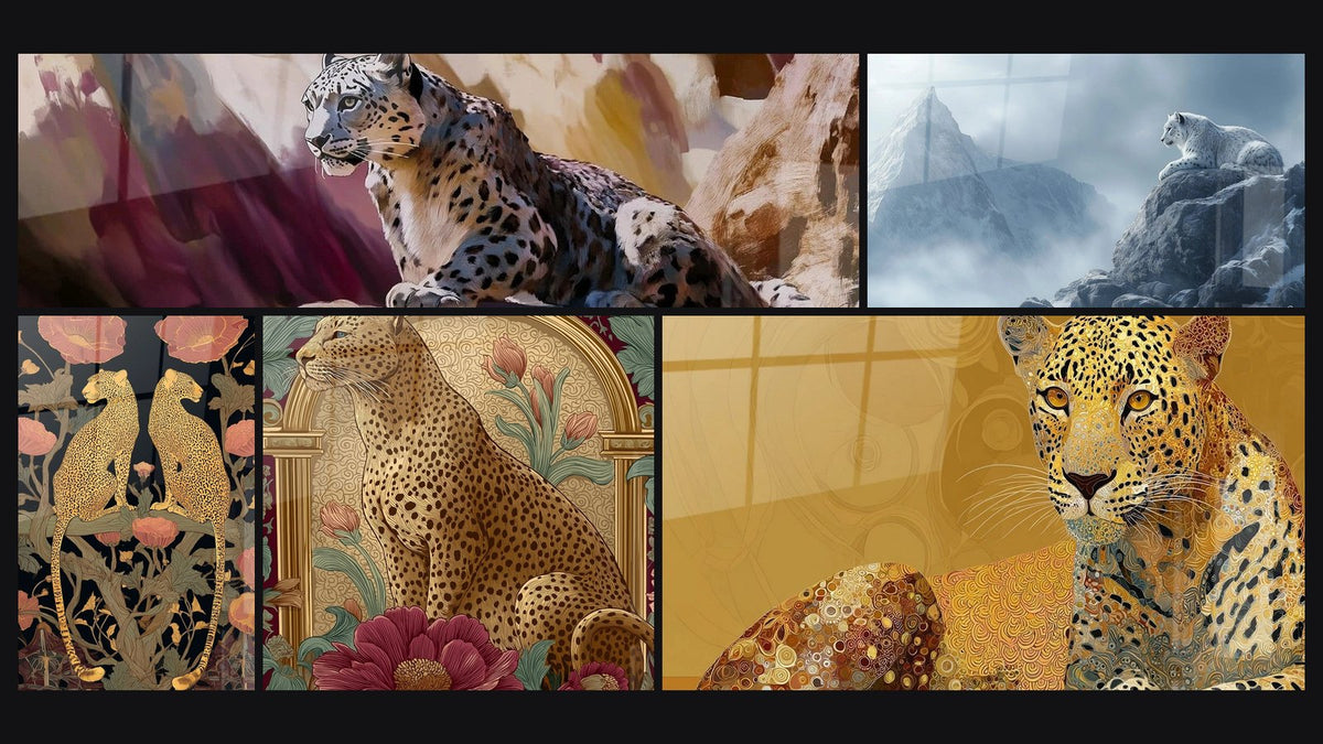 Mosaïque de cinq tableaux, dont Panthère ombre des pics, Panthère des neiges N°2 et Léopards Fleurs