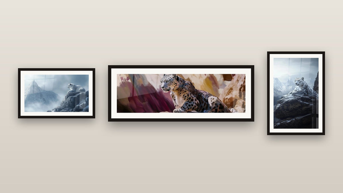Mur de galerie avec trois tableaux encadrés : Panthère des neiges N°2, Panthère ombre des pics et Panthère des neiges N°1
