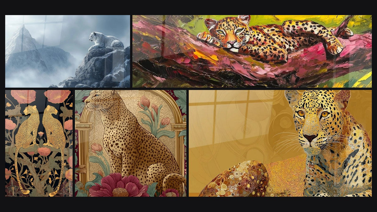 Mosaik aus fünf Gemälden, darunter Leopardenbild