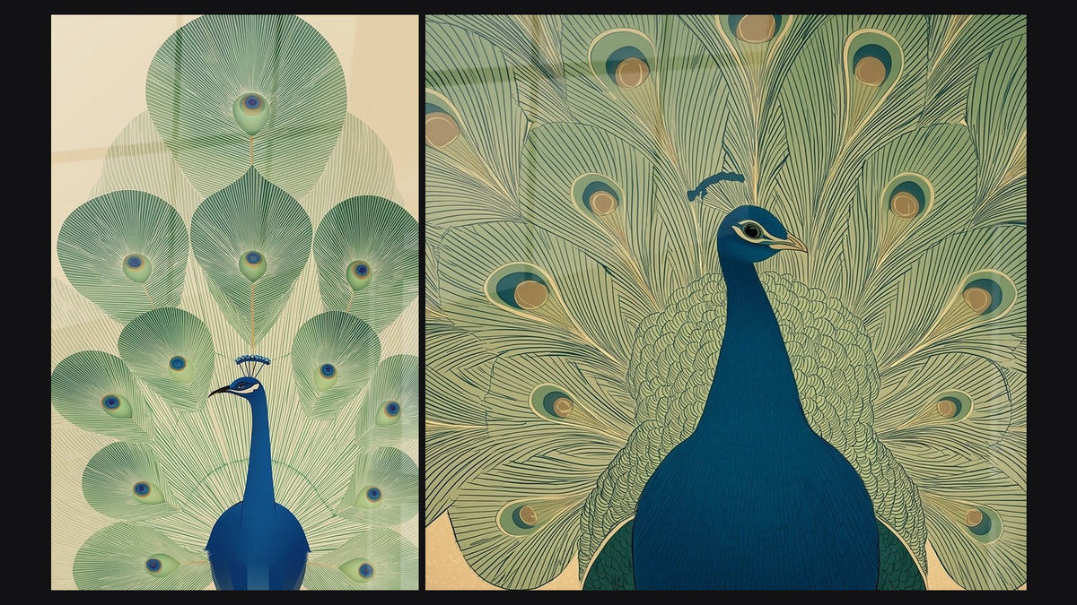 Dos cuadros uno al lado del otro: Pavo Art Deco y Pavo Real