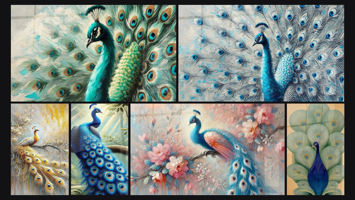 Mosaïque de six tableaux, dont En Bleu et Vert, Ailes d'Or et Éclat Bleu