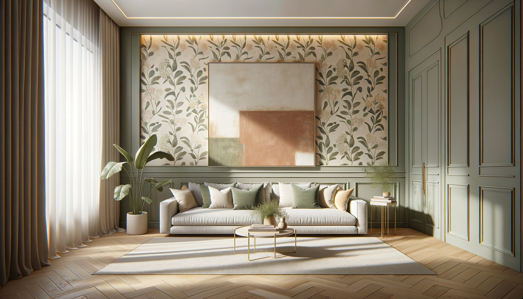 Intérieur contemporain avec papier peint botanique doux et tableau abstrait minimaliste créant un équilibre harmonieux sans compétition visuelle