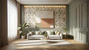 Intérieur contemporain avec papier peint botanique doux et tableau abstrait minimaliste créant un équilibre harmonieux sans compétition visuelle