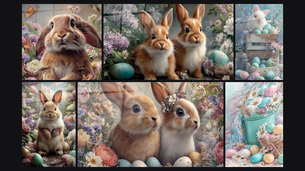 Mosaic of six paintings, including Rabbit Spring Sweetness, Rabbits Easter Egg Hunt and Rabbit Hidden Surprise