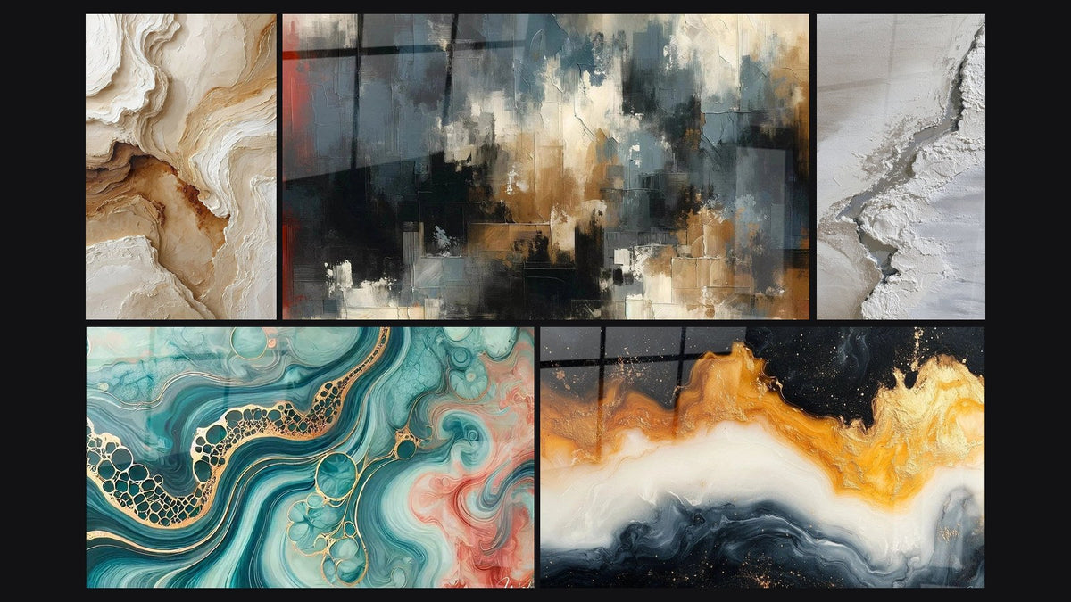 Mosaik aus fünf Gemälden, darunter Gezeitenwelle Aquarell, Organisiertes Chaos und Ewige Flut Gold