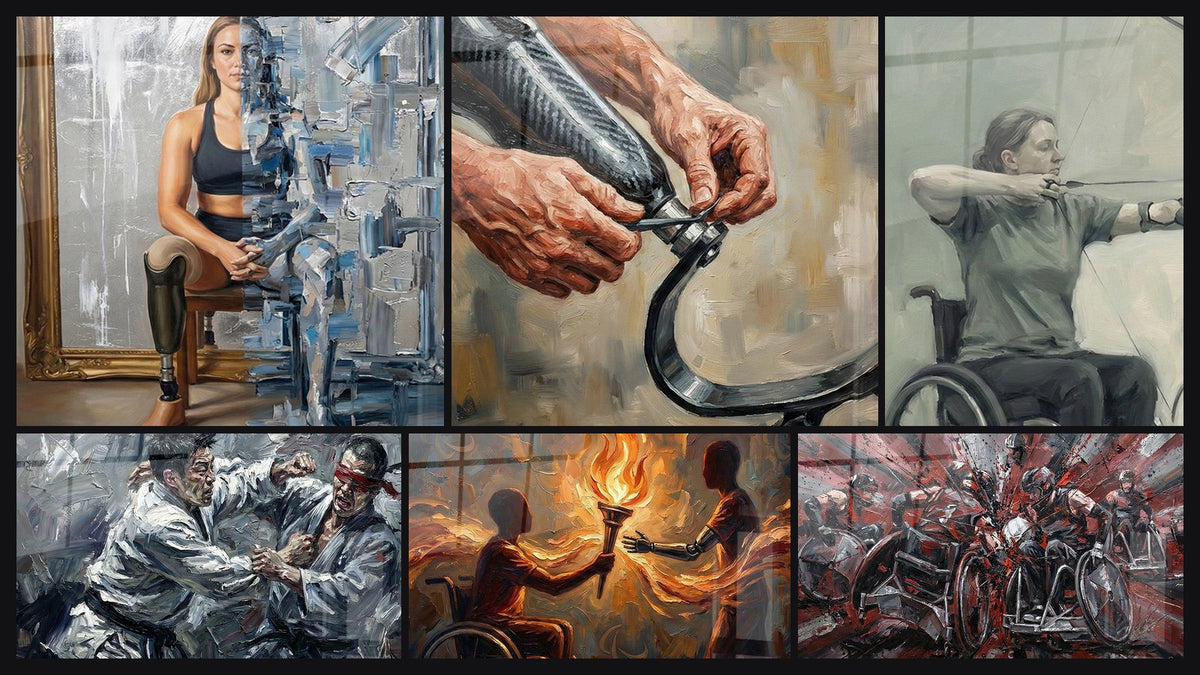 Mosaïque de six tableaux, dont Femme Sportive Reflection, Mains Prothèse et Combat Martial Arts