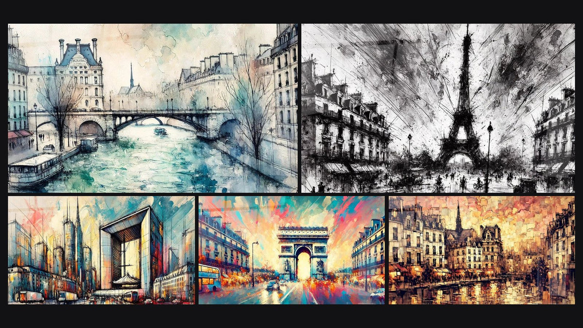 Mosaïque de cinq tableaux, dont La Seine N°2, La Défense N°1 et Arc de Triomphe N°1