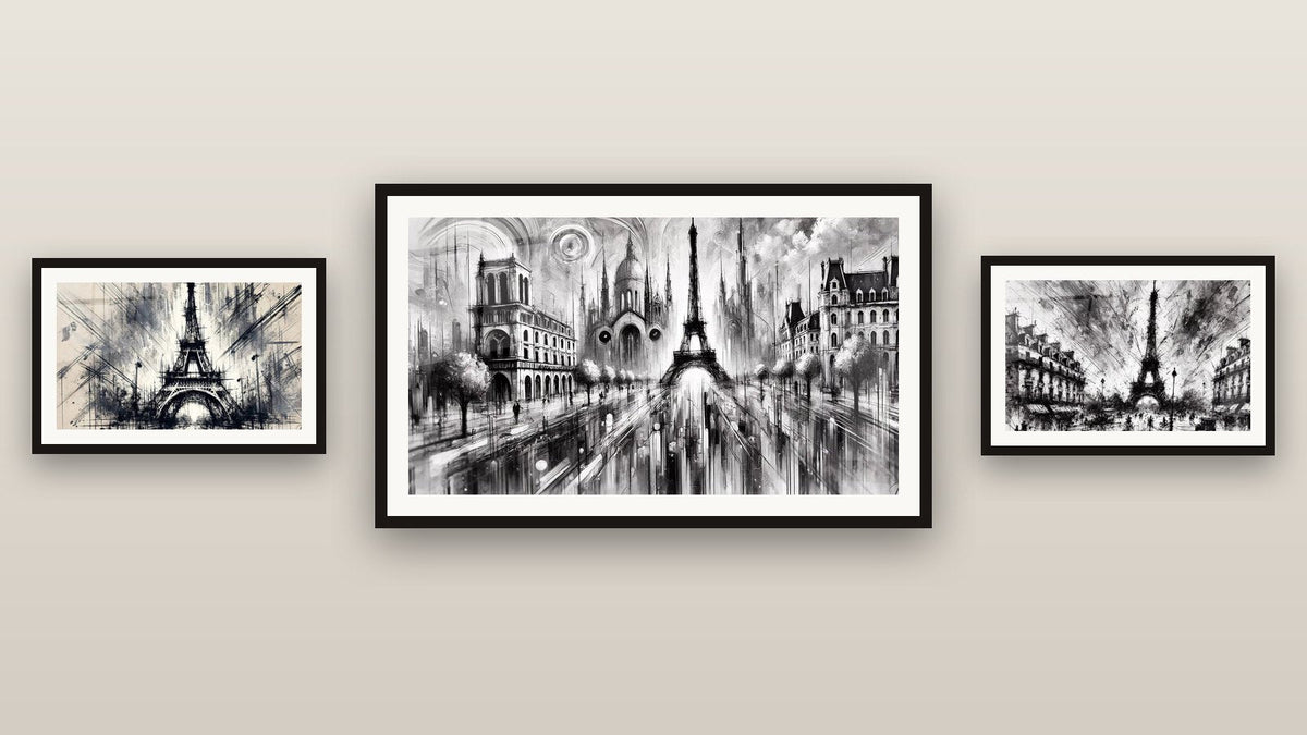 Mur de galerie avec trois tableaux encadrés : Paris Noir et Blanc N°2, Tour Eiffel N°2 et Paris Noir et Blanc N°1