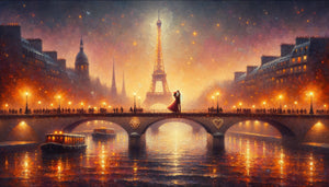 Peinture romantique impressionniste de Paris montrant la Tour Eiffel illuminée et un couple sur le Pont des Arts