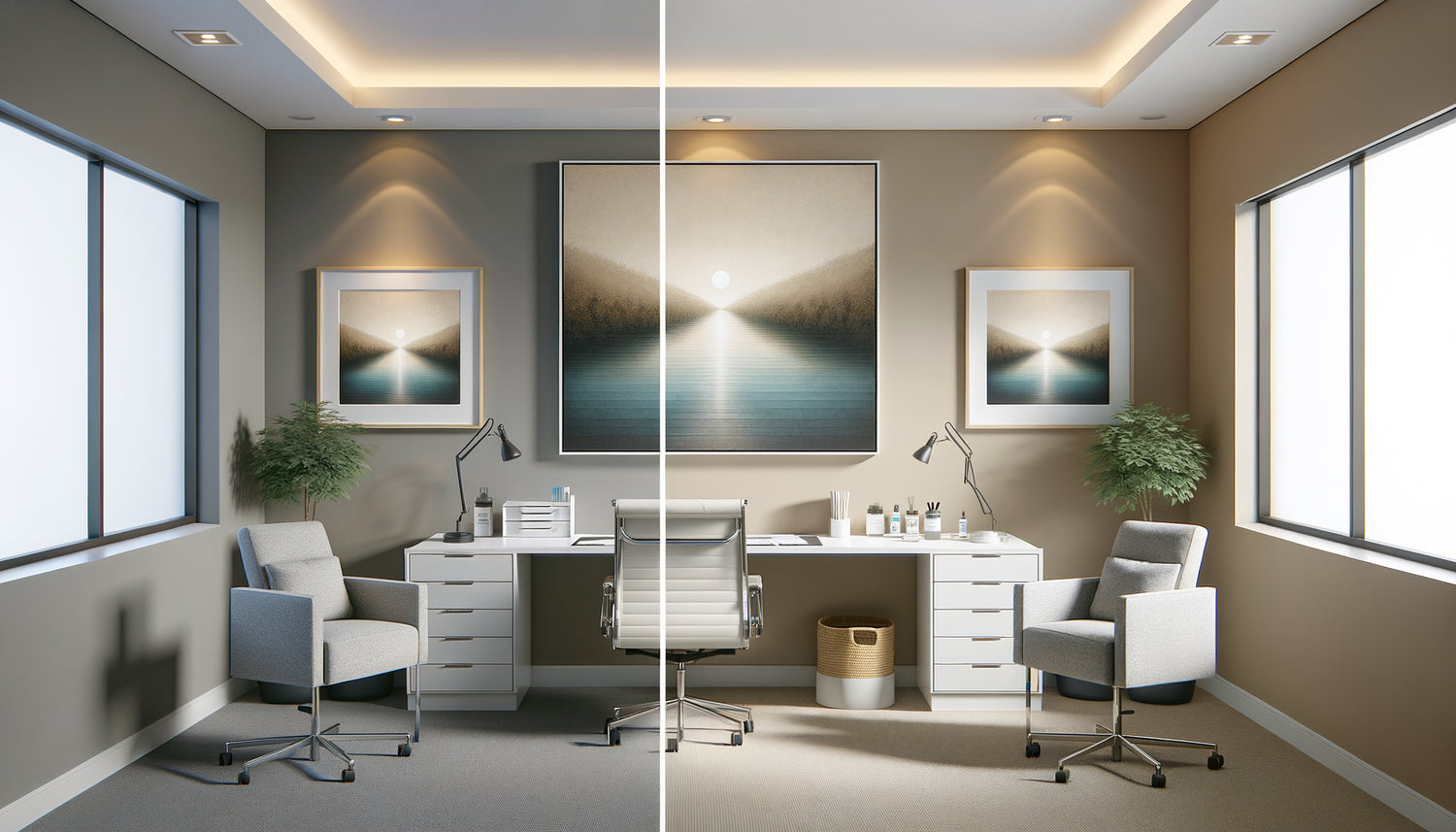 Comparaison visuelle tableau avec passe-partout blanc versus montage bord à bord dans cabinet médical moderne