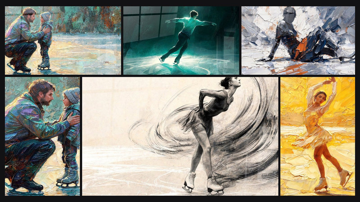 Mosaïque de six tableaux, dont Père et enfant patineurs turquoise et or et Patineur bras ouverts sur glace turquoise