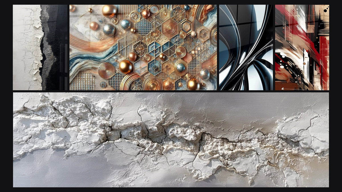 Mosaïque de cinq tableaux, dont Texture Craquelée Blanc et Noir, Mosaïque de Cuivre et Spirale métallique chromée