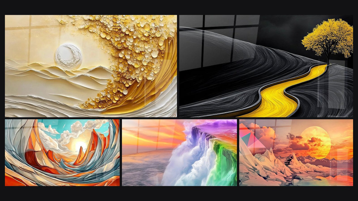 Mosaïque de cinq tableaux, dont Vague dorée, Rivière dorée et arbre jaune et Tourbillon flamboyant
