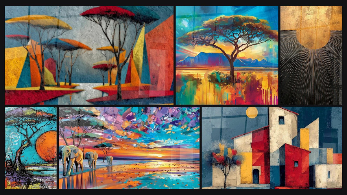 Mosaïque de six tableaux, dont Arbres Couronnes de la steppe, Acacia Racines du continent rouge et Acacia Racines du Temps