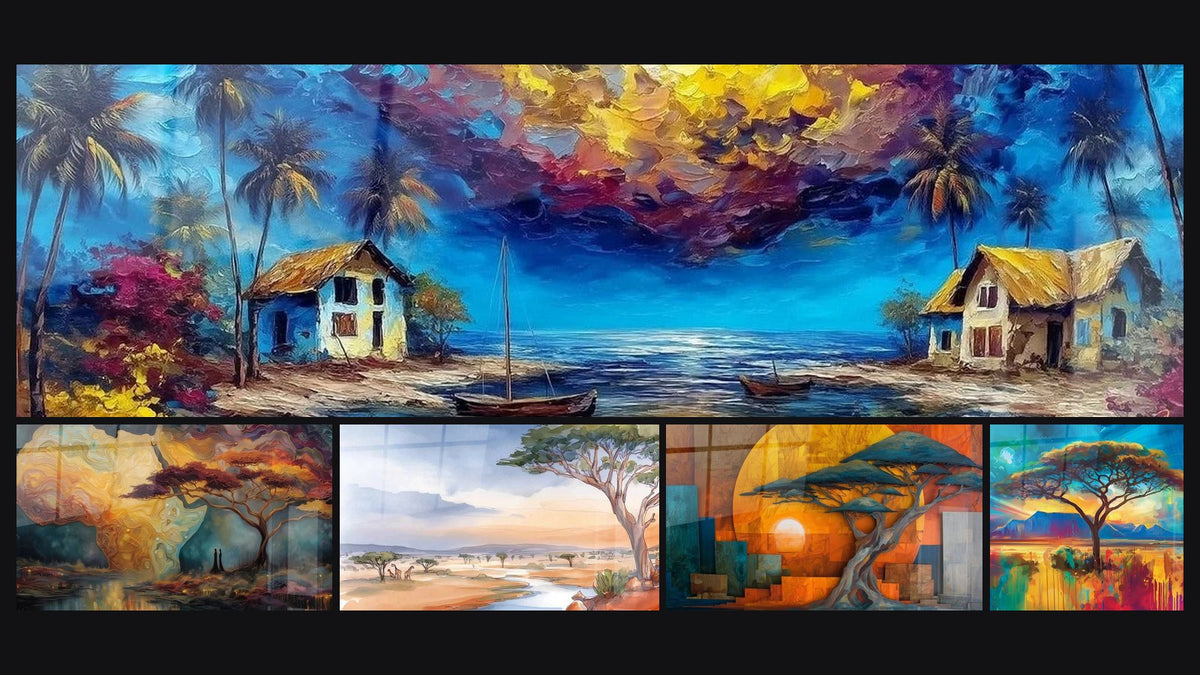 Mosaïque de cinq tableaux, dont Village Huttes aux murs d'argile et Acacia Maître des horizons safran