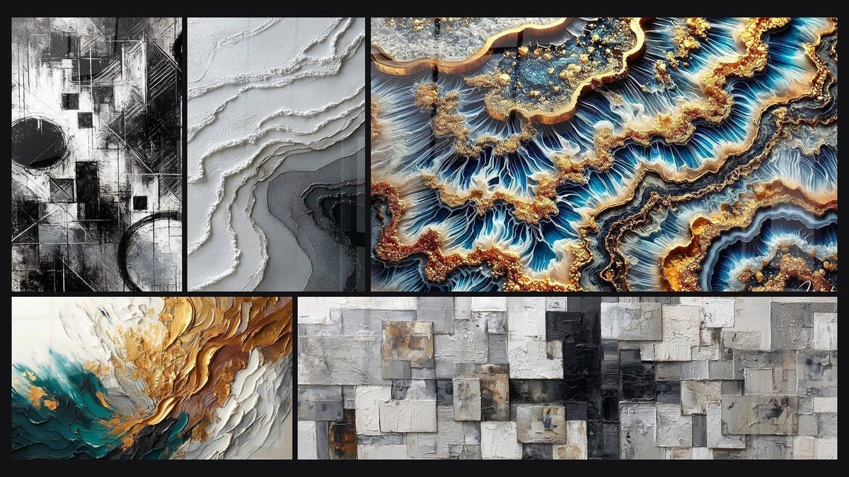 Mosaic of five paintings, including Fragments of Absolute, Golden Tide and Trace Artwork in Gold and Jade