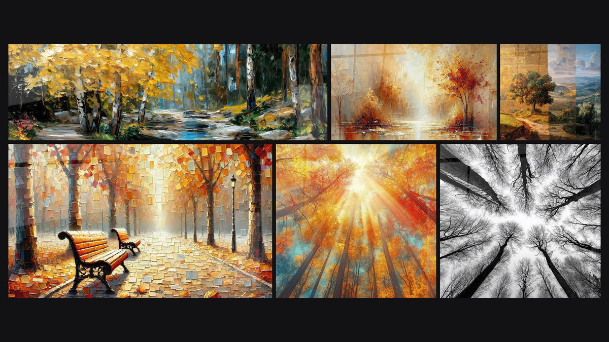 Mosaïque de six tableaux, dont Rivière Automnale, Douceur Automnale et Rouge et Or