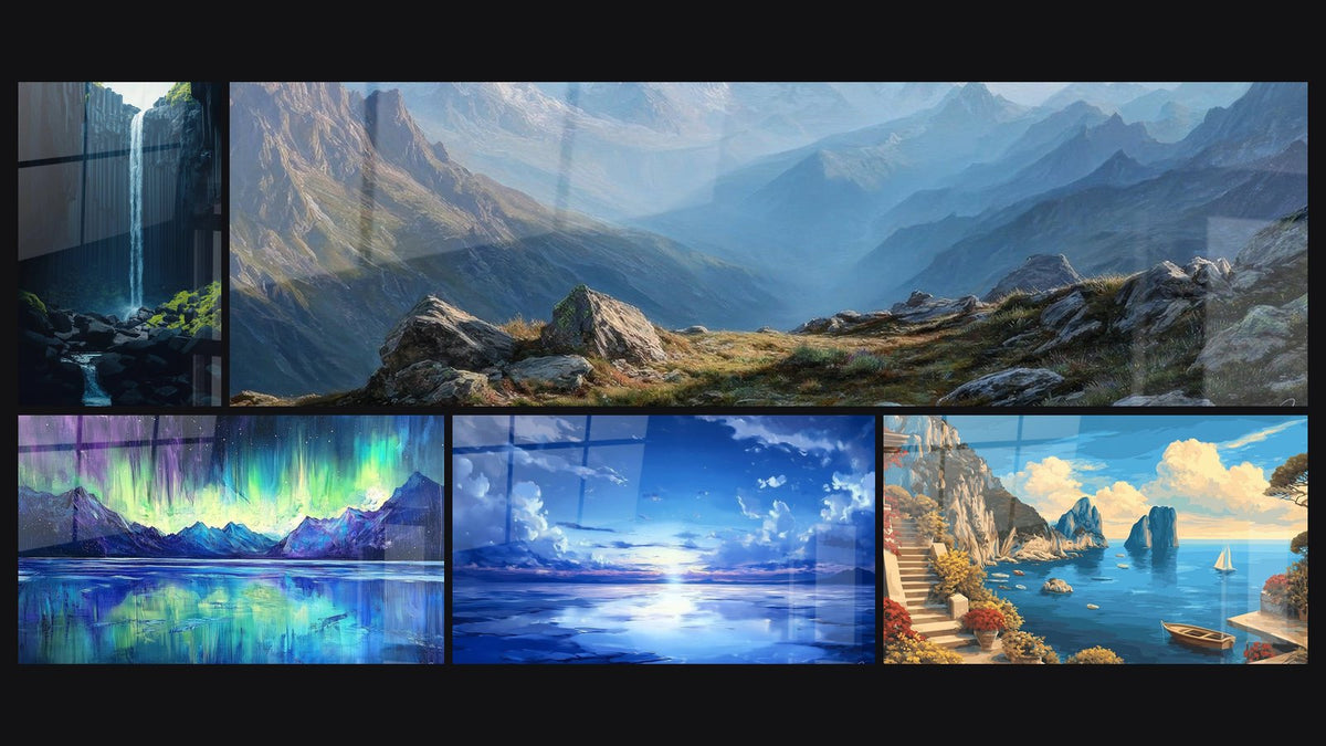 Mosaico di cinque quadri, tra cui Cascata N°2, Paesaggio montano e Sinfonia Nordica