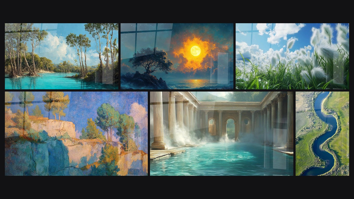Mosaïque de six tableaux, dont Lagune tropicale, Falaises méditerranéennes et Veilleur Océanique