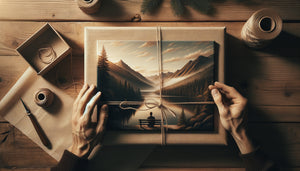 Mains emballant avec soin un tableau de paysage montagnard comme cadeau sur table en bois