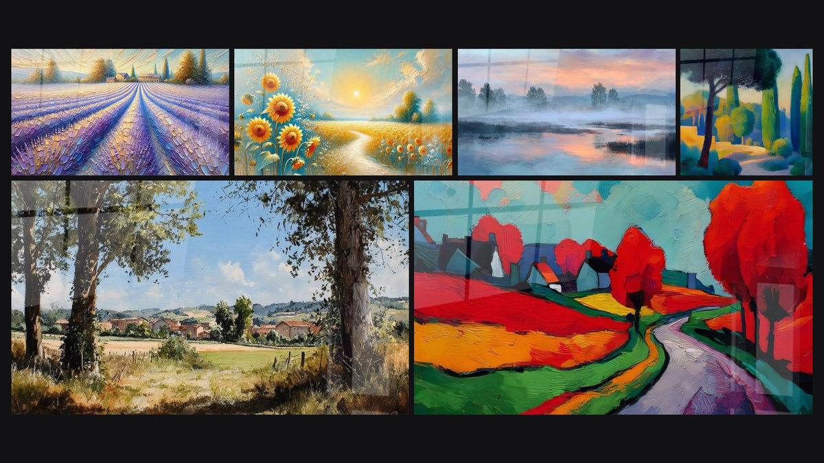 Mosaïque de six tableaux, dont Paysage Provençal, Chant des Tournesols et Paysage brumeux au coucher de soleil