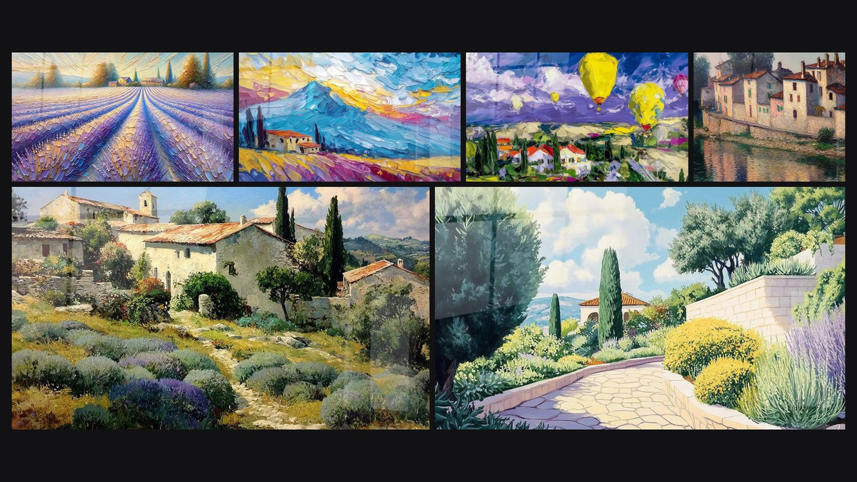 Mosaik aus sechs Gemälden, darunter Provenzalische Landschaft, Mittelmeer Landschaft und Provenzalischer Pfad