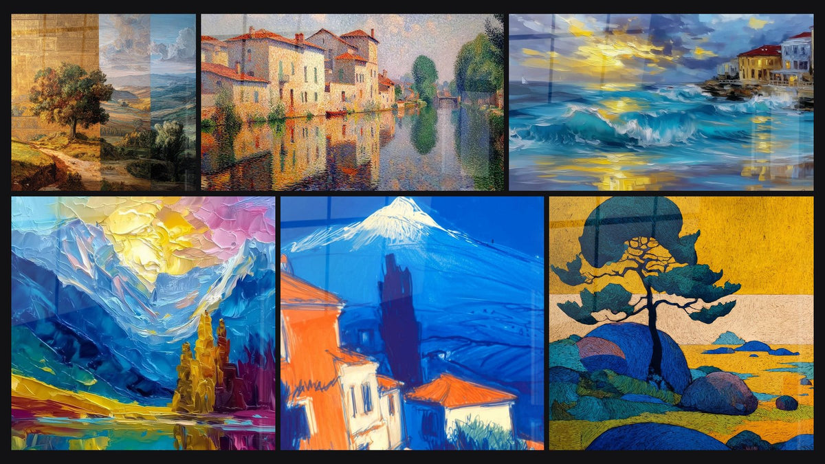 Mosaico de seis cuadros, entre ellos Paisaje compuesto otoñal, Paisaje Montañoso con Reflejo y Paisaje Volcánico Mediterráneo