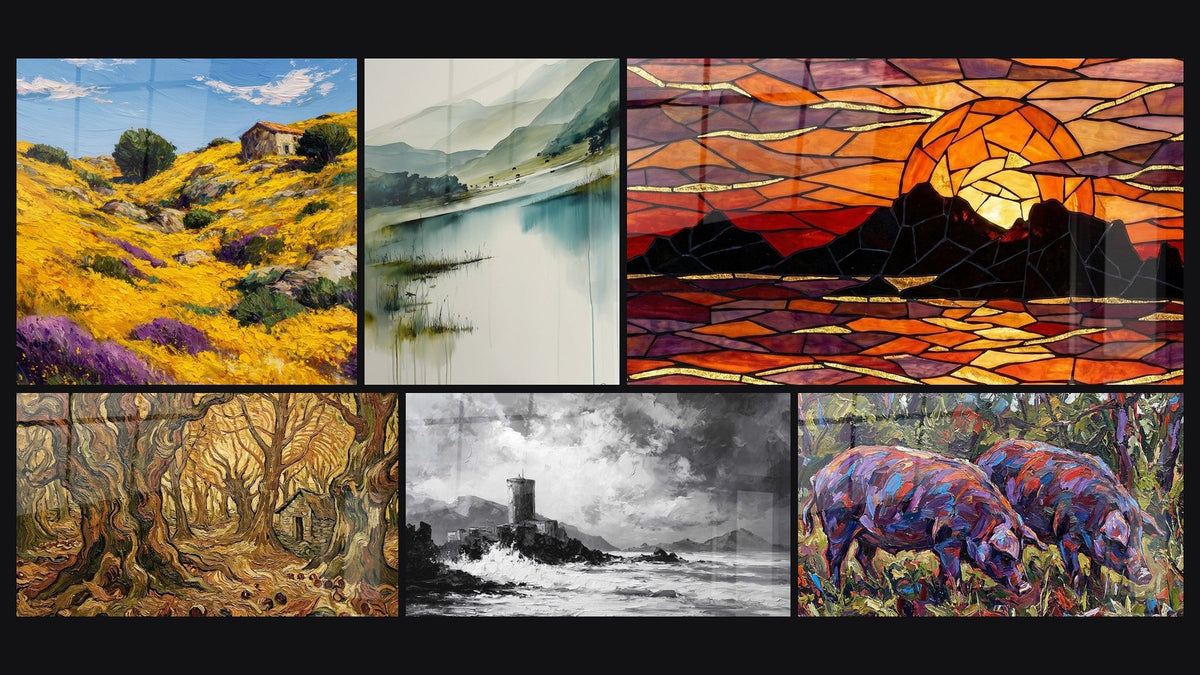 Mosaïque de six tableaux, dont Paysage Méditerranéen, Paysage Montagneux et Coucher de Soleil