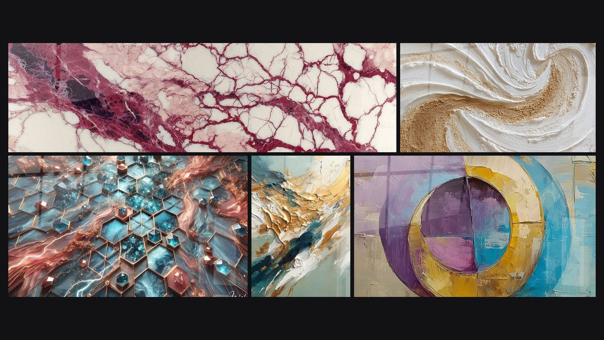 Mosaïque de cinq tableaux, dont Veines pourpres et crème sur fond écru, Réseaux d'Éclat et Flux et Reflux Doré