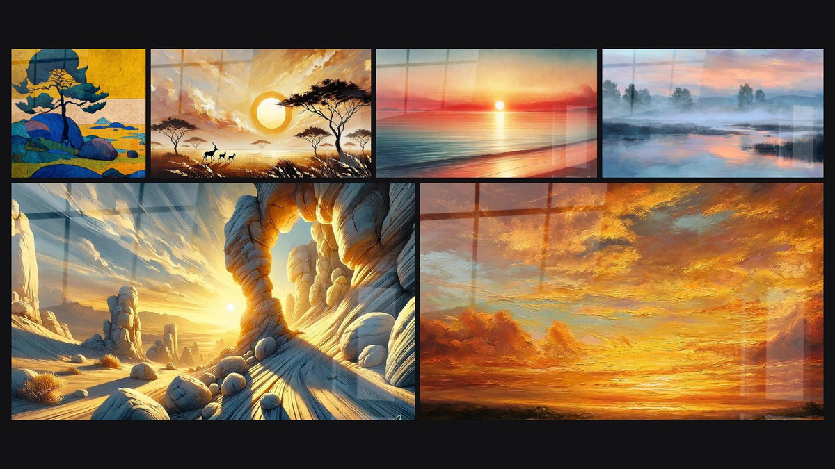 Mosaico di sei quadri, tra cui Orizzonte d'Ocra, Sussurri del Sole e Tavolozza di Sabbia